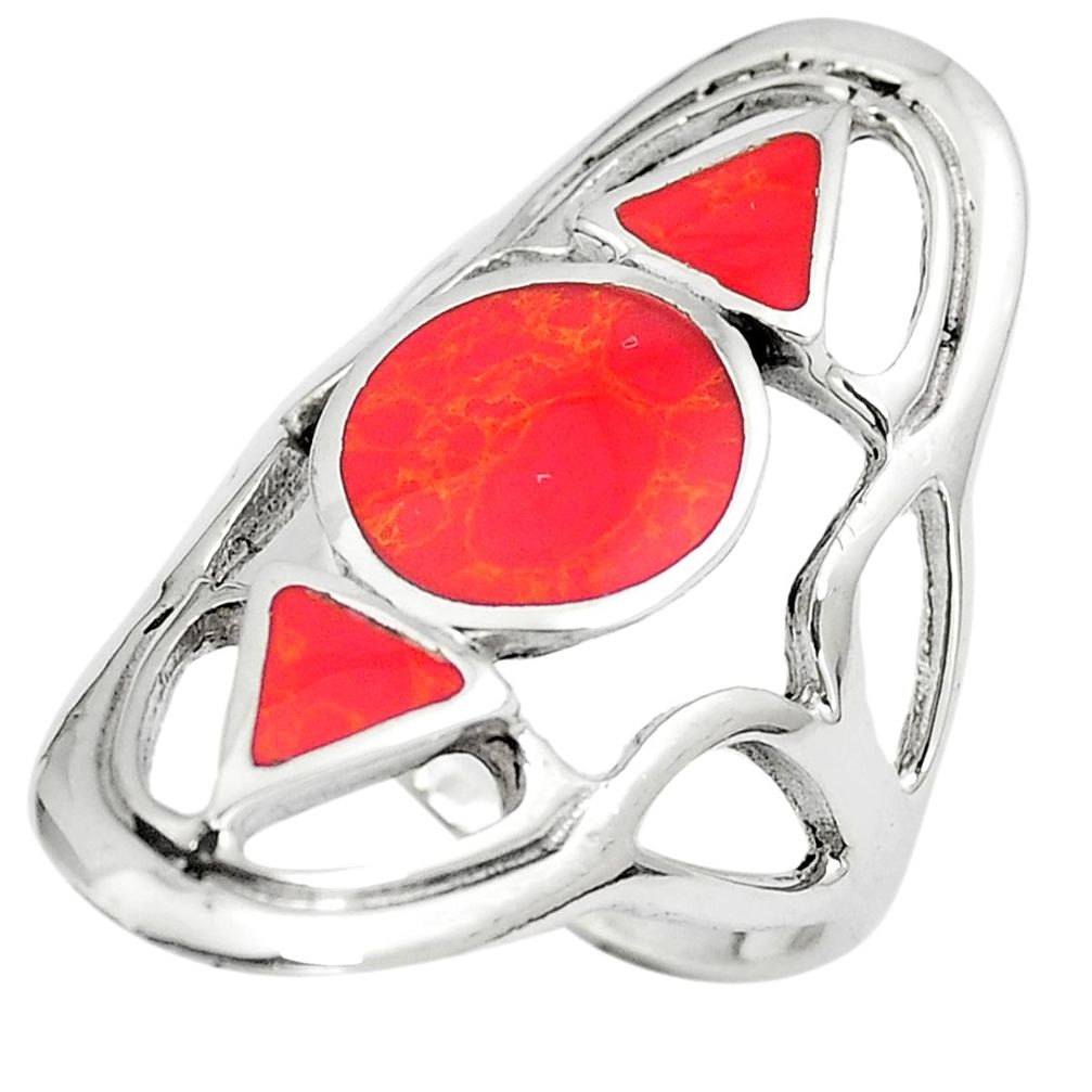 6.69gms red coral enamel 925 sterling silver ring jewelry size 7 a90913