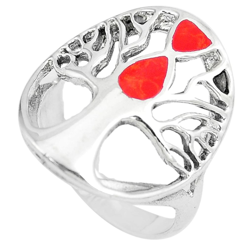 5.26gms red coral enamel 925 sterling silver tree of life ring size 8.5 a90915