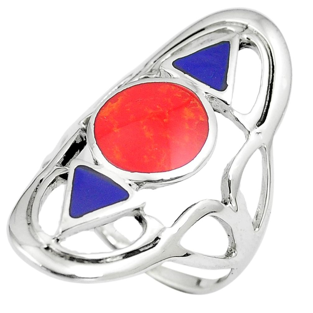 6.87gms red coral lapis lazuli enamel 925 sterling silver ring size 7.5 a90923