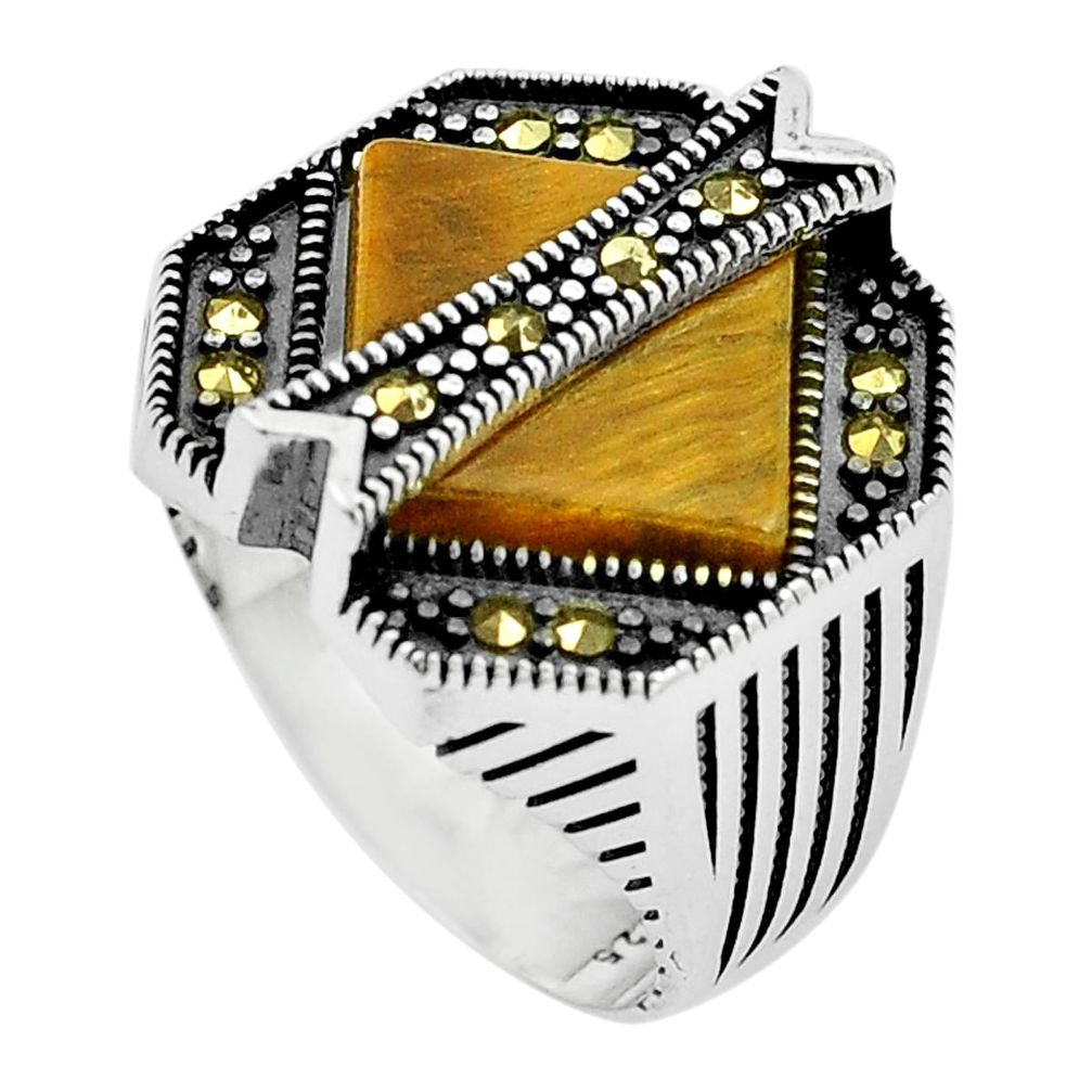 7.43cts brown tiger's eye marcasite 925 silver mens ring size 10 a91268
