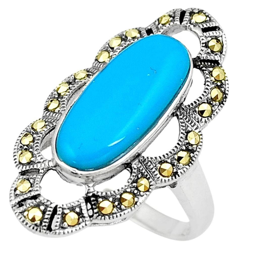 4.35cts sleeping beauty turquoise marcasite silver solitaire ring size 8 a91713
