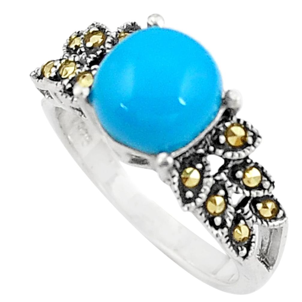 Blue sleeping beauty turquoise marcasite silver solitaire ring size 6.5 a91730