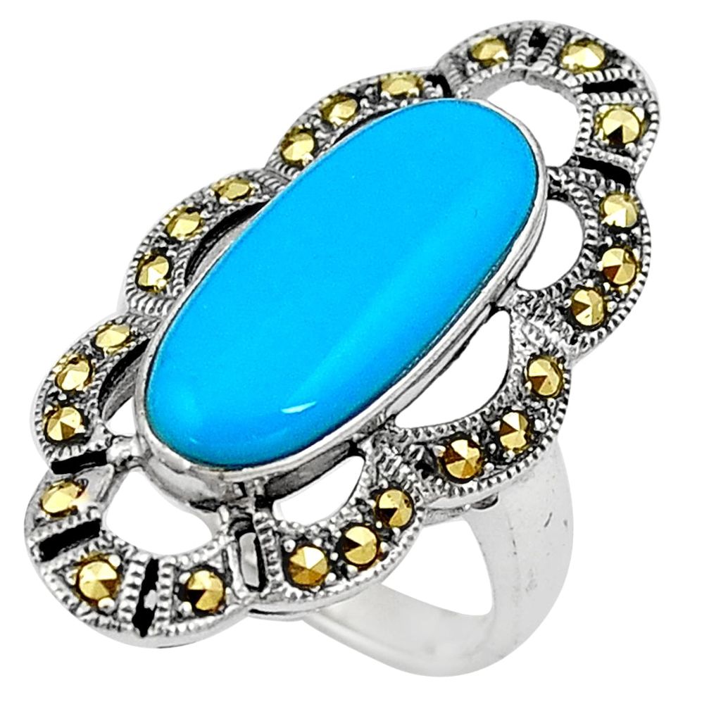 Sleeping beauty turquoise marcasite 925 silver solitaire ring size 6.5 a91754