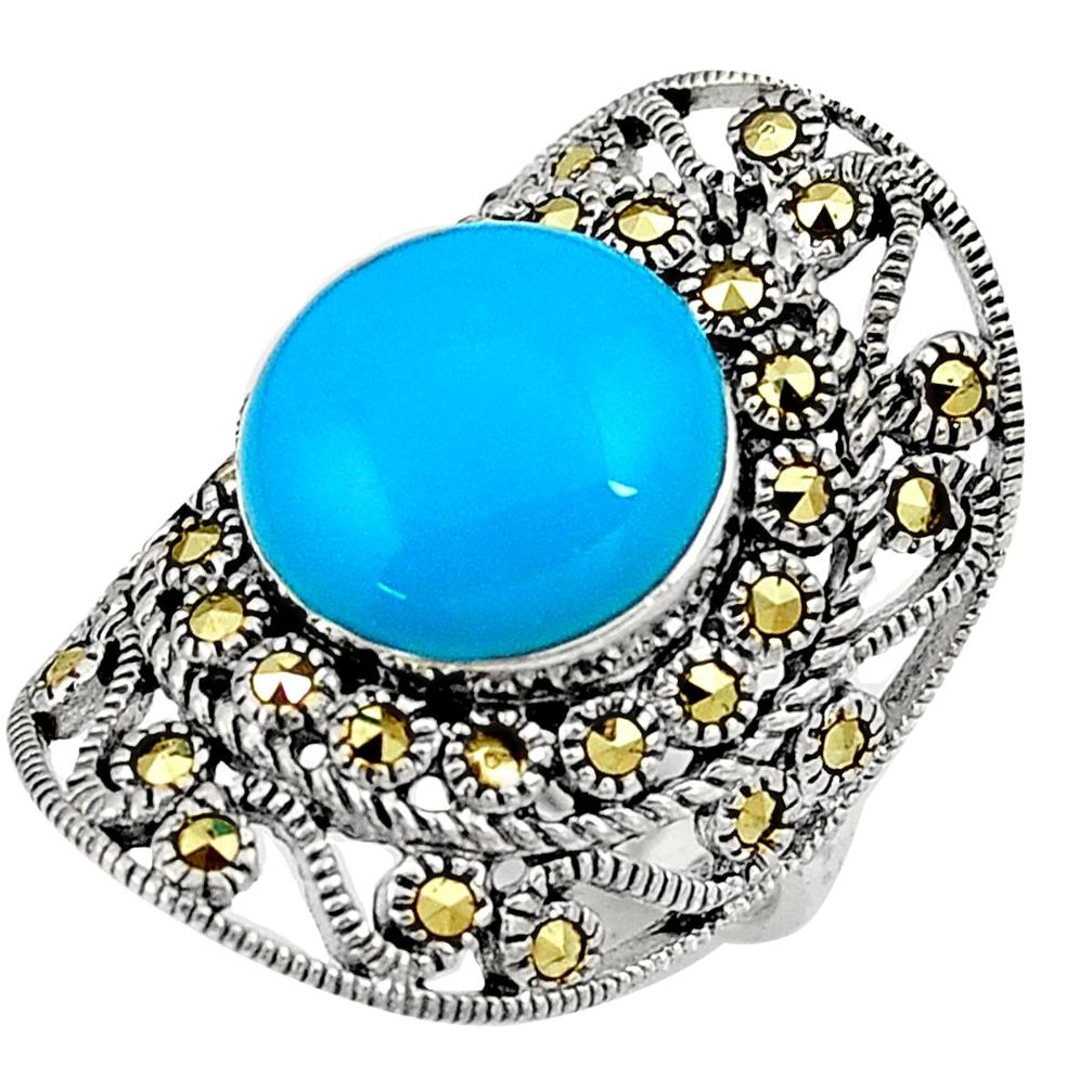 Sleeping beauty turquoise marcasite 925 silver solitaire ring size 6.5 a91758