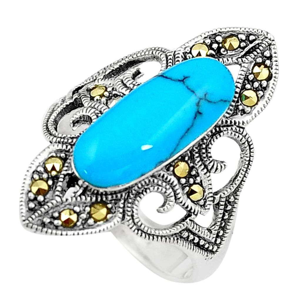 Sleeping beauty turquoise marcasite 925 silver solitaire ring size 8.5 a91759