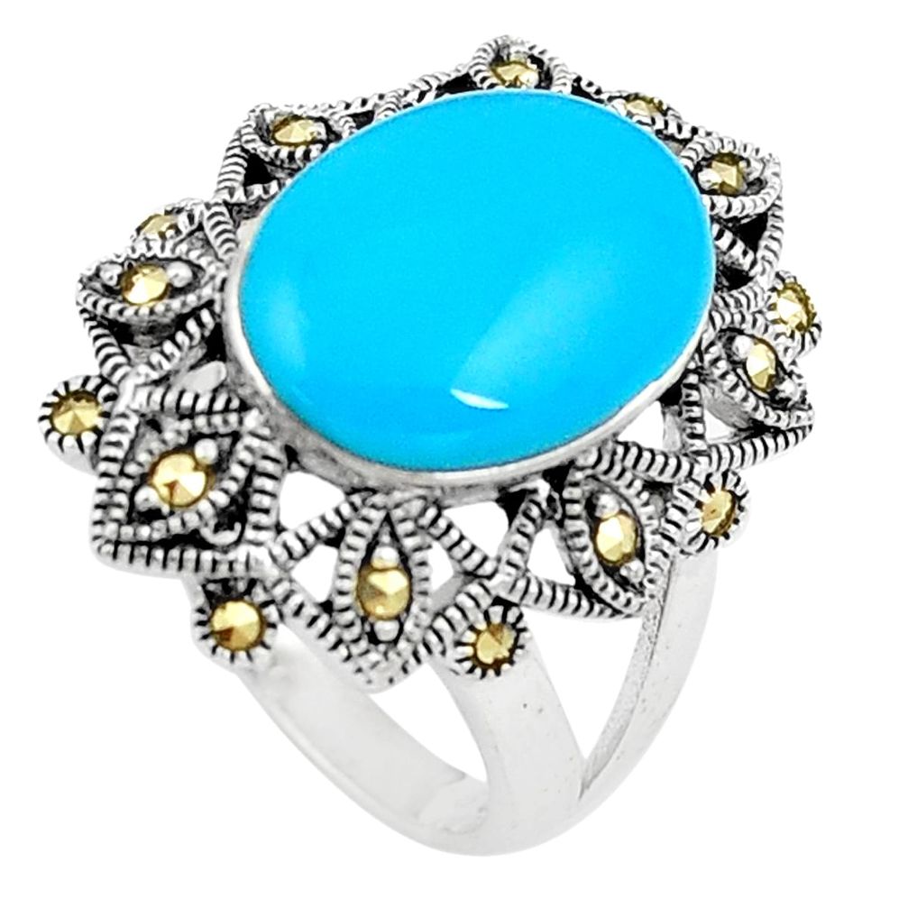 Blue sleeping beauty turquoise marcasite silver solitaire ring size 7.5 a91778