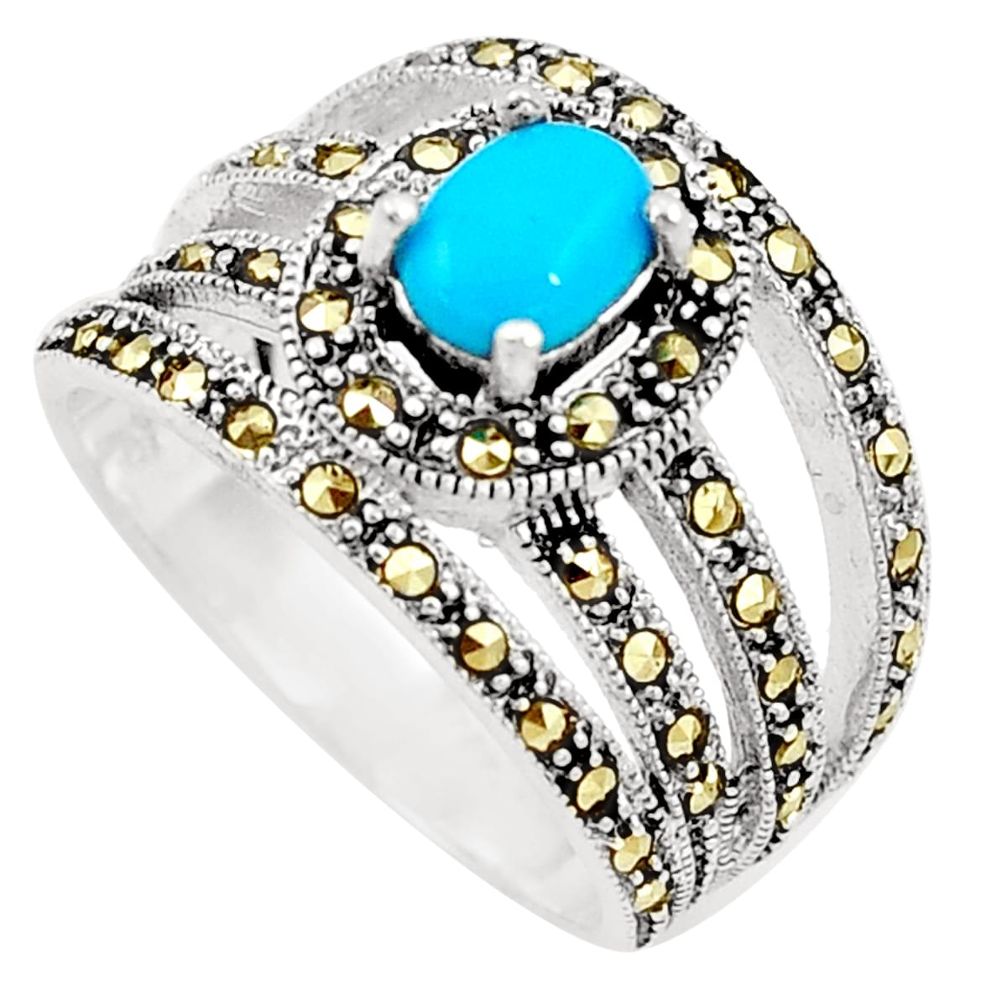 Sleeping beauty turquoise marcasite 925 silver solitaire ring size 8.5 a91801