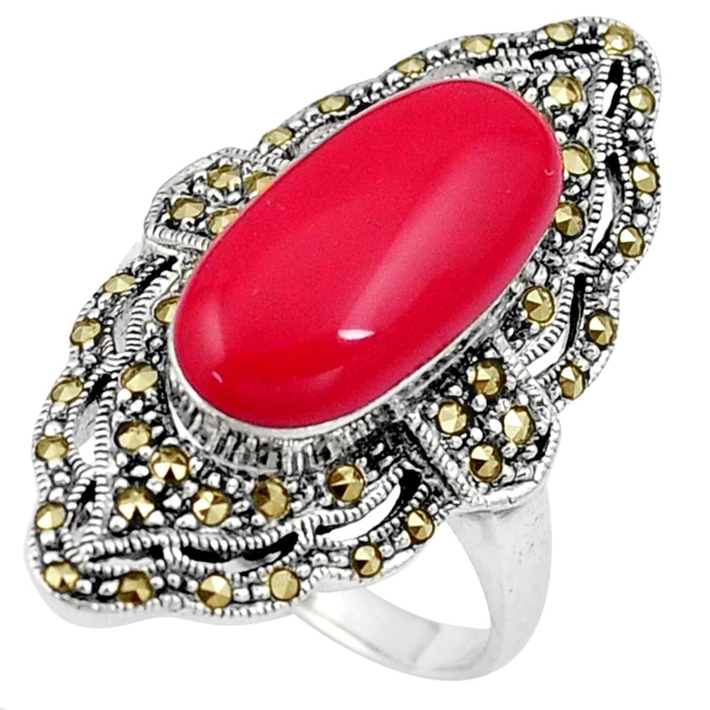 7.58cts red coral marcasite 925 sterling silver solitaire ring size 8.5 a91807