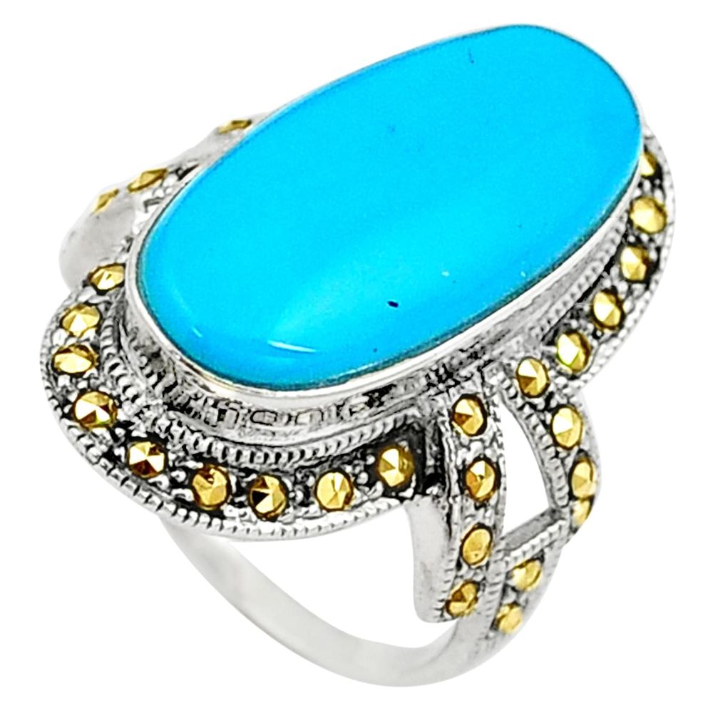 Blue sleeping beauty turquoise marcasite 925 silver solitaire ring size 6 a91819