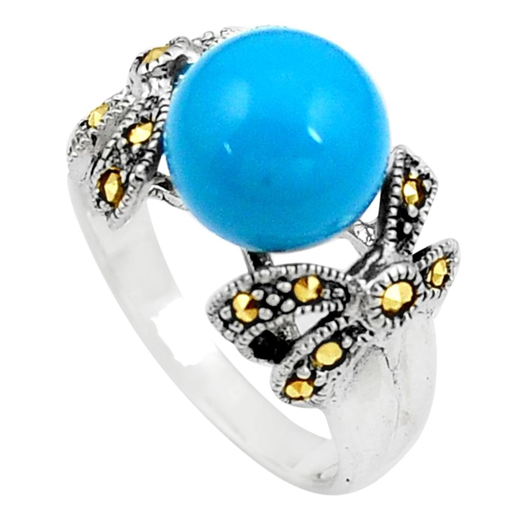 925 silver blue sleeping beauty turquoise marcasite solitaire ring size 8 a91820