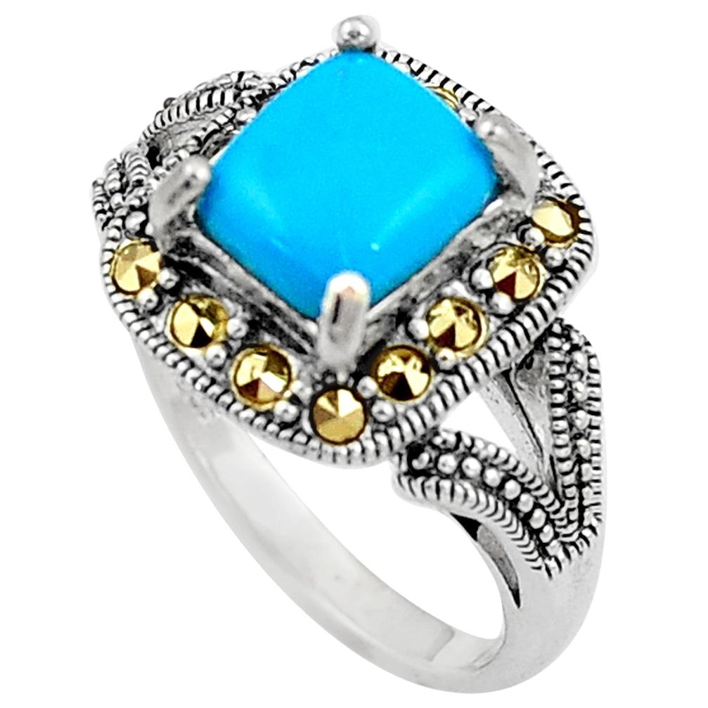 Blue sleeping beauty turquoise marcasite 925 silver solitaire ring size 7 a91825
