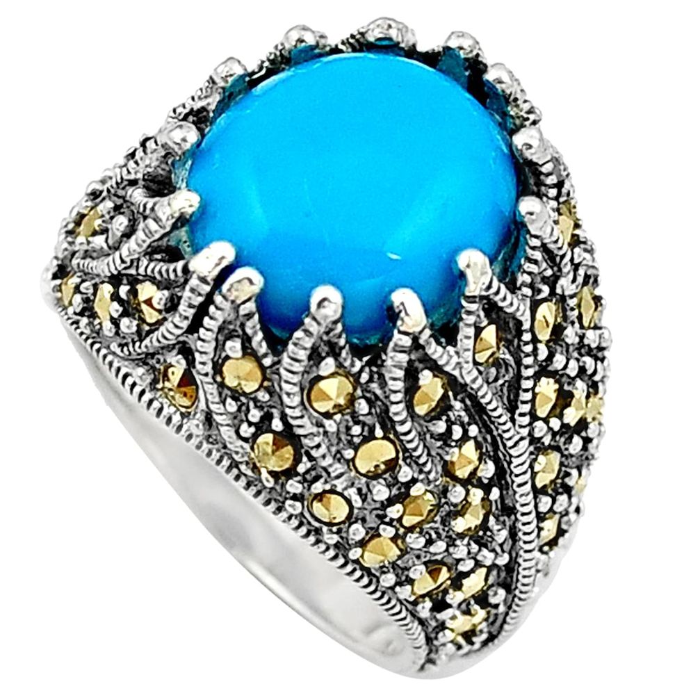 Sleeping beauty turquoise marcasite 925 silver solitaire ring size 6.5 a91834