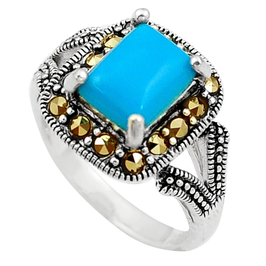 Blue sleeping beauty turquoise marcasite silver solitaire ring size 6.5 a91835