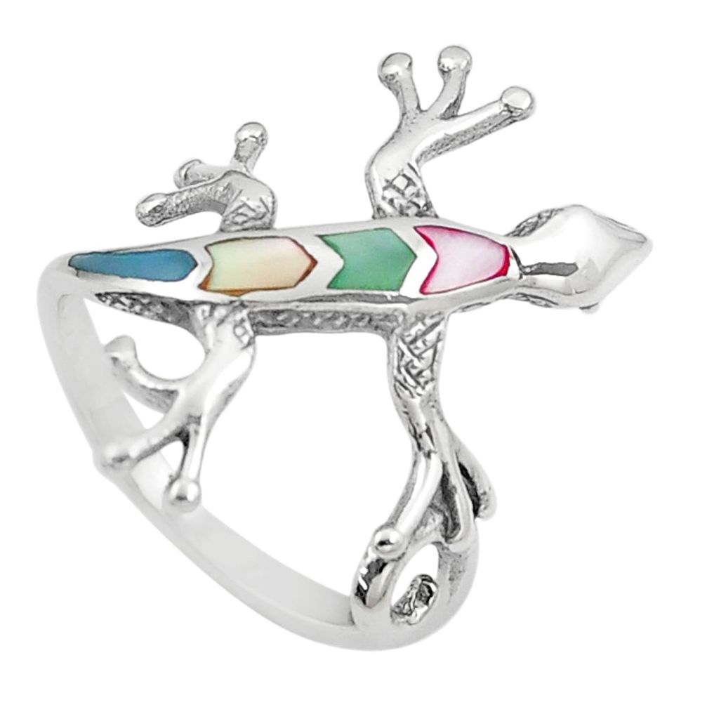 4.25gms multi color blister pearl enamel 925 silver lizard ring size 8 a91949