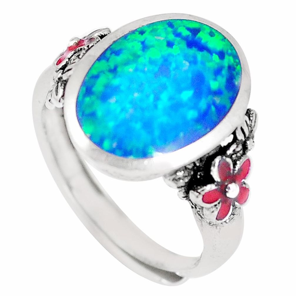 3.90cts blue australian opal (lab) enamel 925 silver flower ring size 7.5 a92814