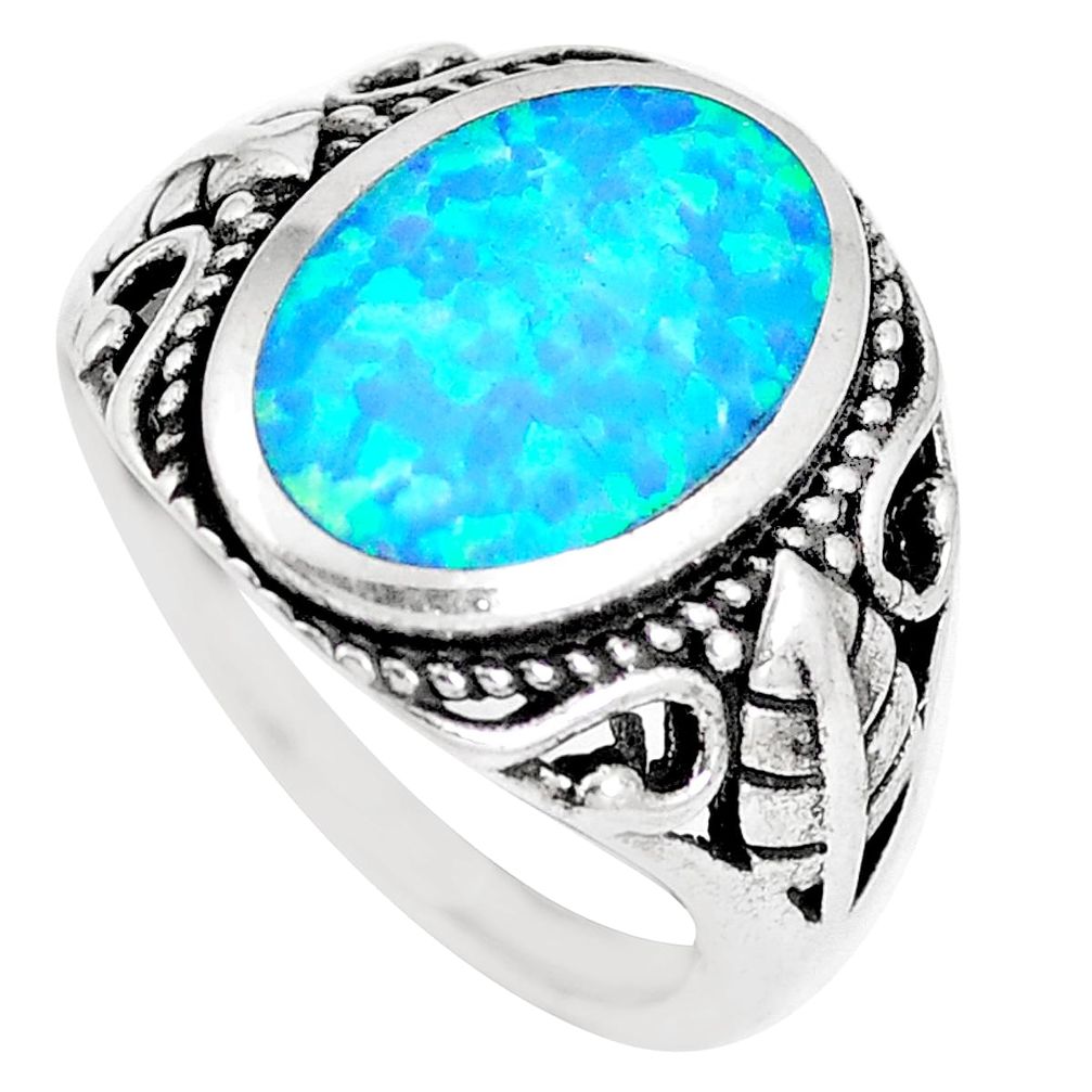 3.83cts blue australian opal (lab) 925 sterling silver ring size 7 a92820