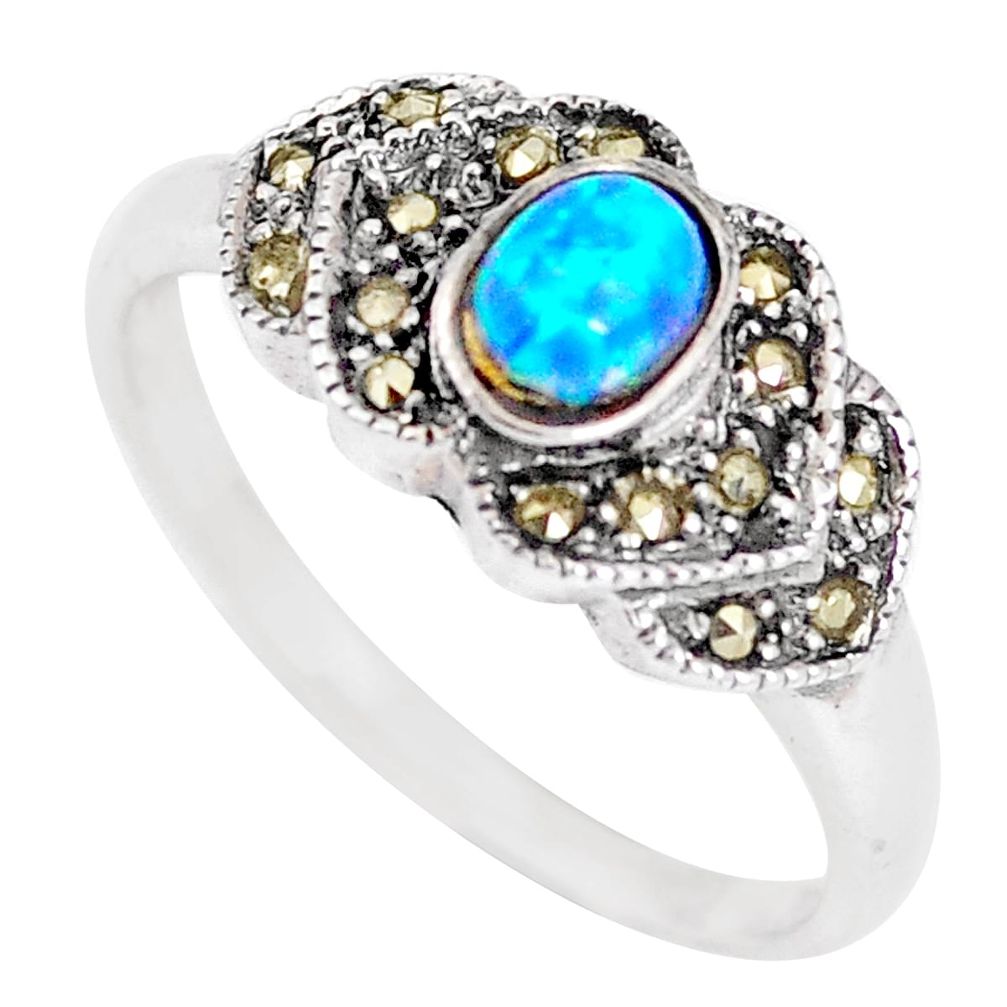 925 silver 0.82cts blue australian opal (lab) marcasite ring size 8.5 a92844