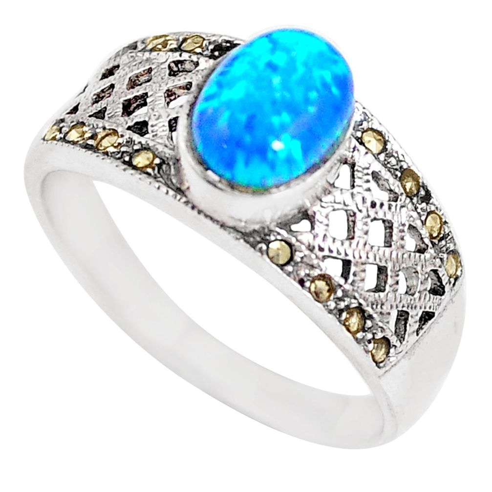 1.21cts blue australian opal (lab) marcasite 925 silver ring size 8.5 a92851