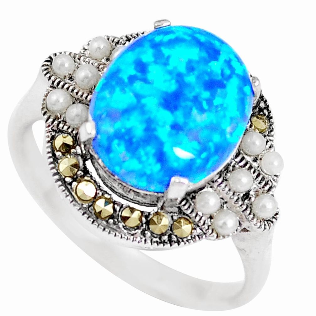 925 silver 4.94cts blue australian opal (lab) marcasite ring size 9 a92853