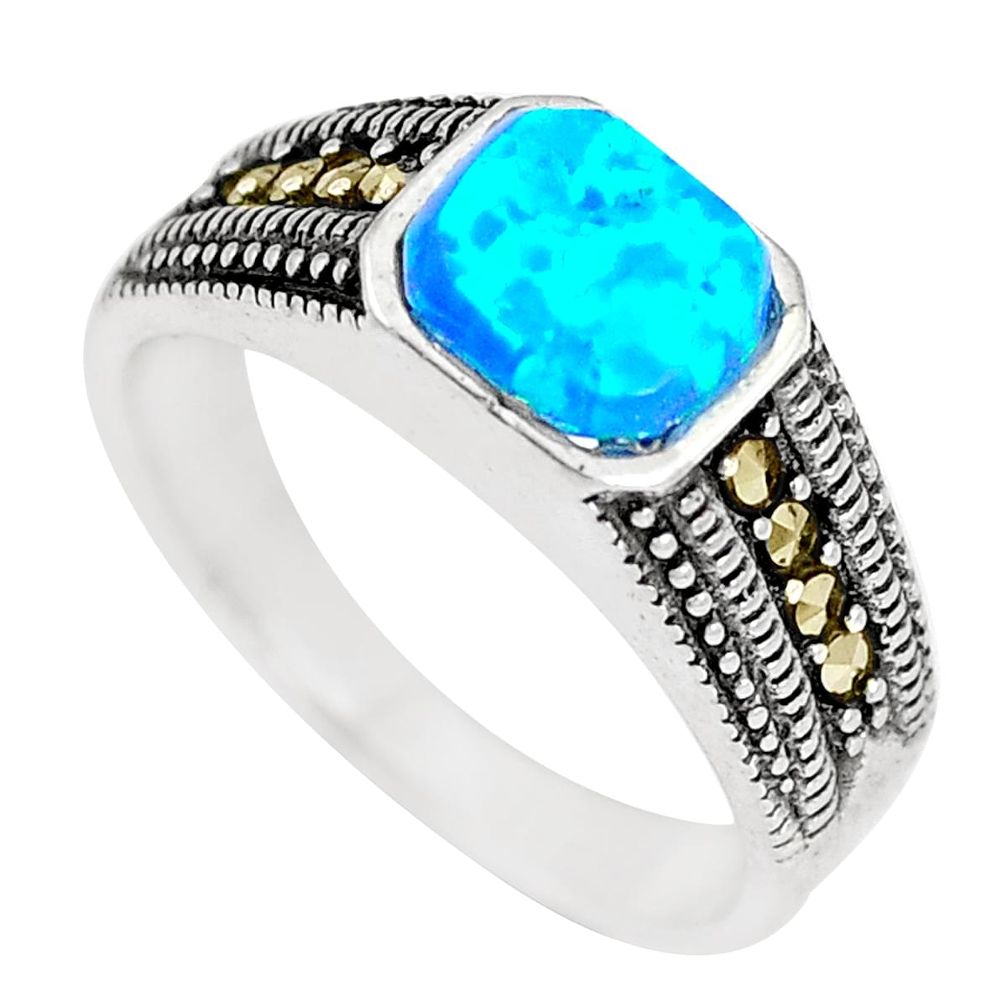1.12cts blue australian opal (lab) marcasite 925 silver ring size 7 a92857