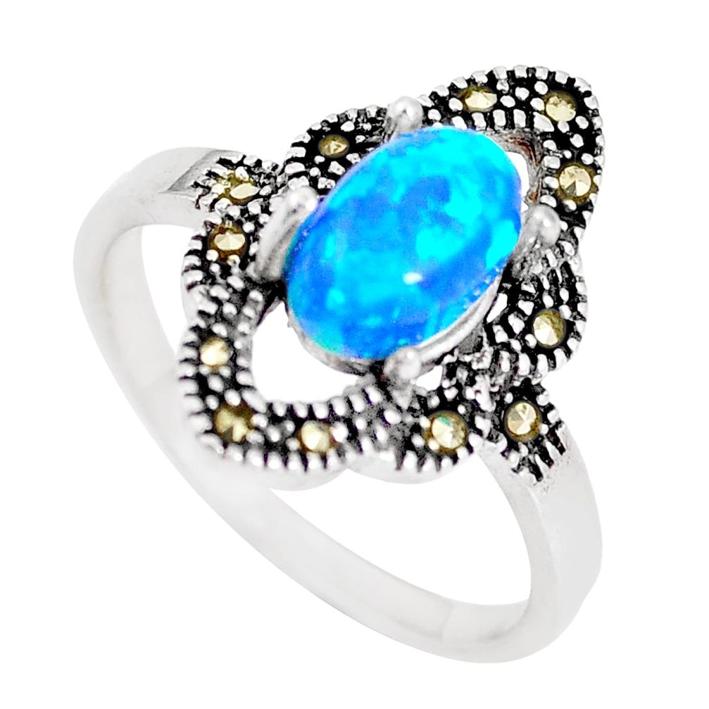 925 silver 2.21cts blue australian opal (lab) swiss marcasite ring size 9 a92860