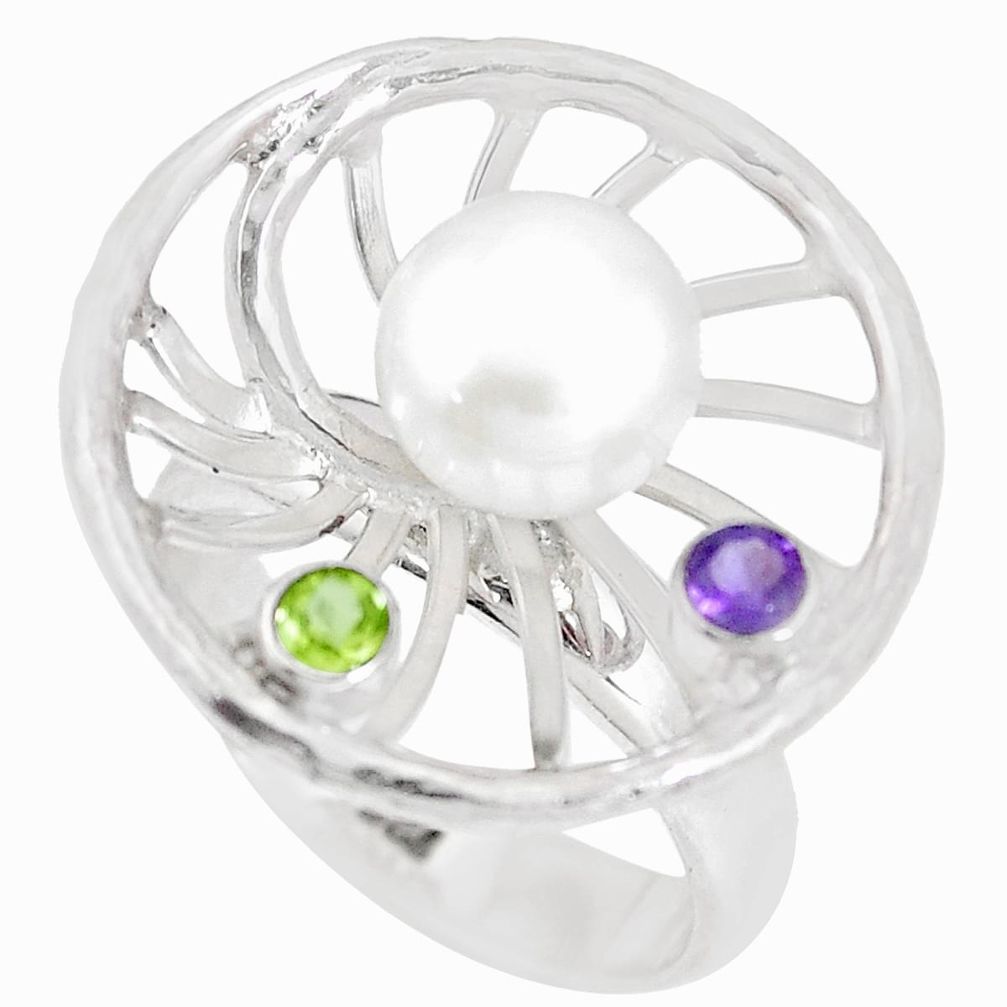 3.68cts natural white pearl amethyst peridot 925 silver ring size 7 a92862