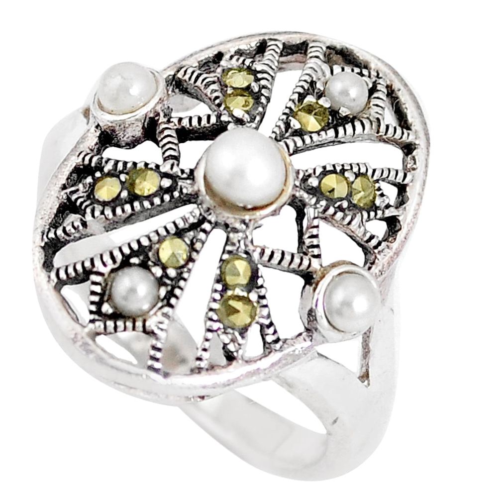 1.22cts natural white pearl marcasite 925 sterling silver ring size 6.5 a92873