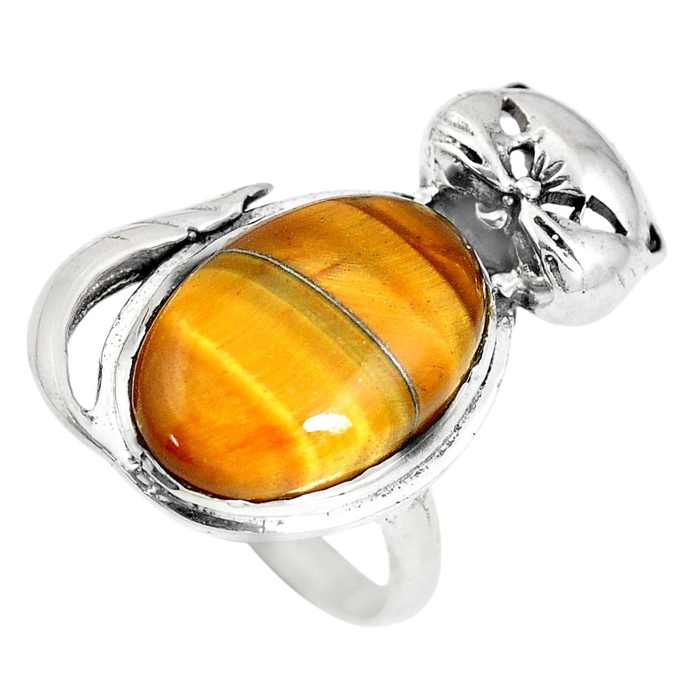 13.84cts natural brown tiger's eye 925 sterling silver cat ring size 6.5 a92898