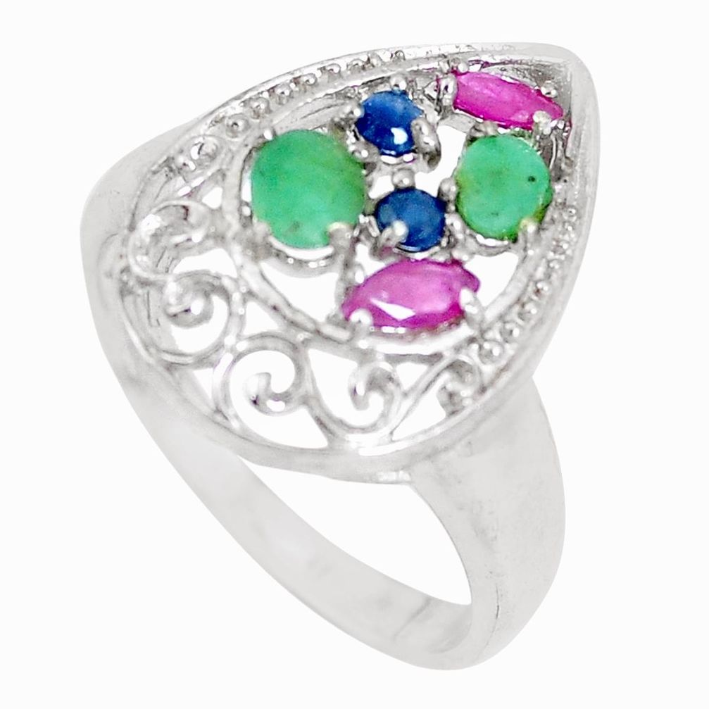 925 silver natural green emerald ruby sapphire white topaz ring size 8.5 a93060