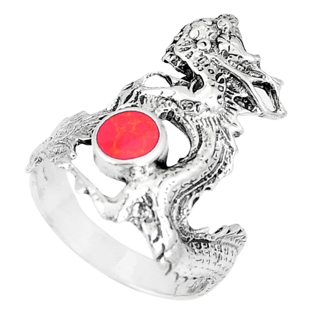 4.69gms red coral enamel 925 sterling silver dragon ring jewelry size 8 a93302