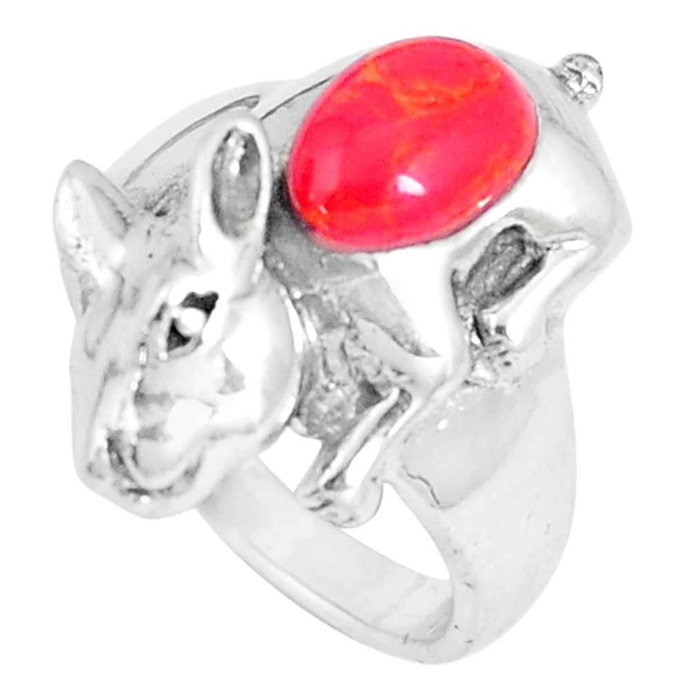 2.34cts red coral pear 925 sterling silver rabbit charm ring size 7 a93304