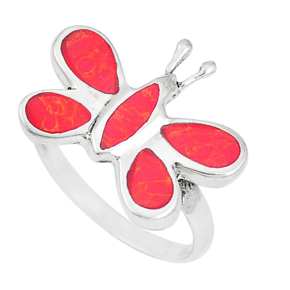 925 sterling silver 5.02gms red coral enamel butterfly ring size 8 a93307