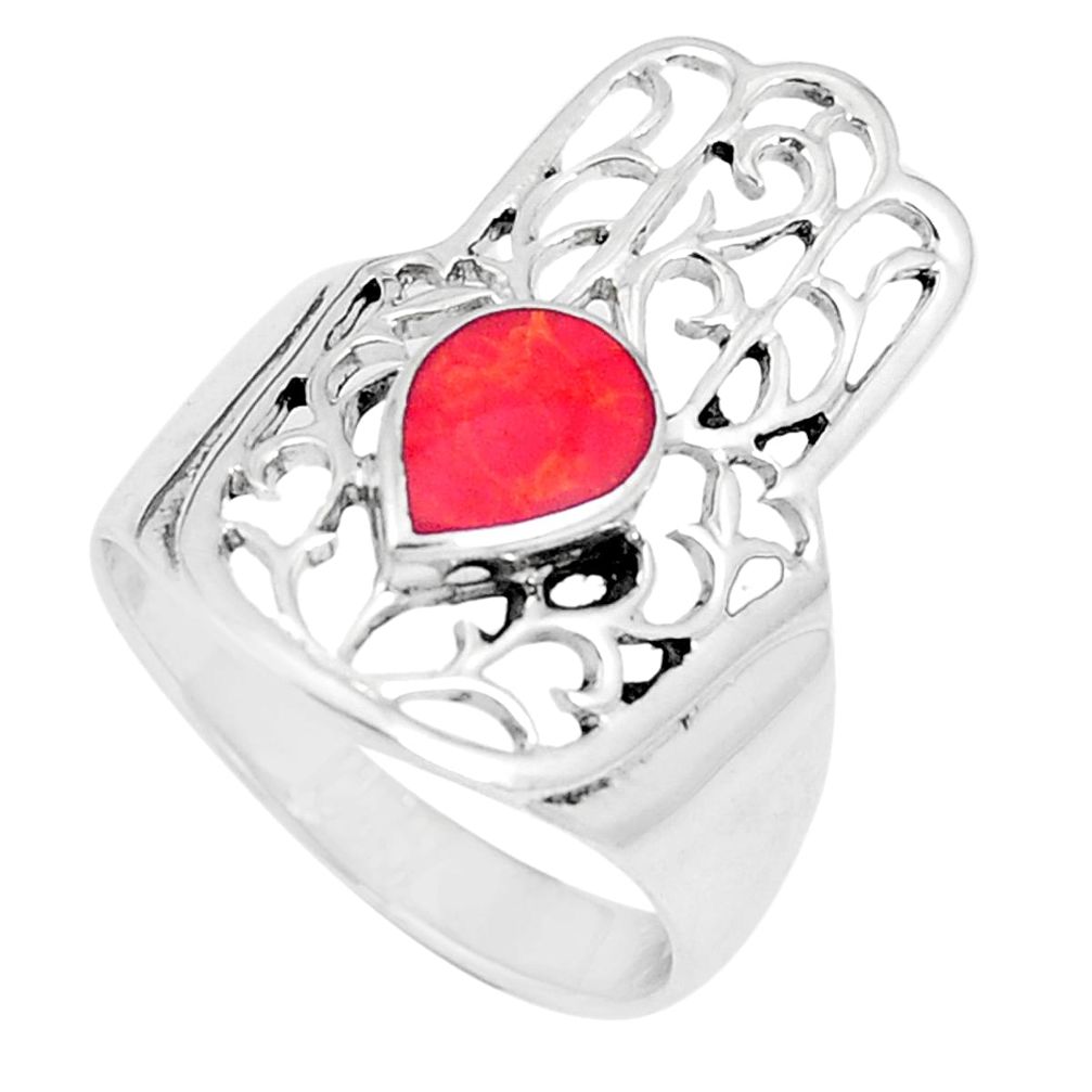 5.02gms red coral enamel 925 silver hand of god hamsa ring size 9 a93314