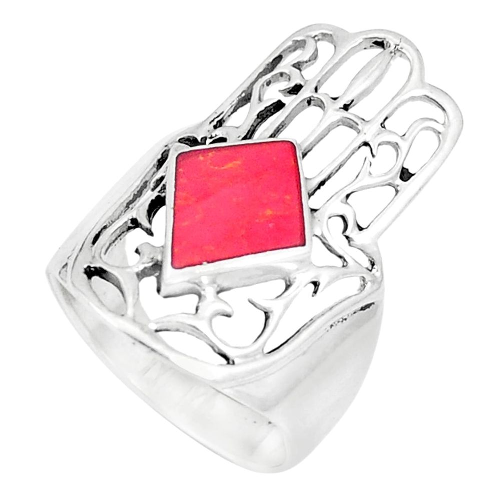 5.02gms red coral enamel 925 silver hand of god hamsa ring size 6 a93318