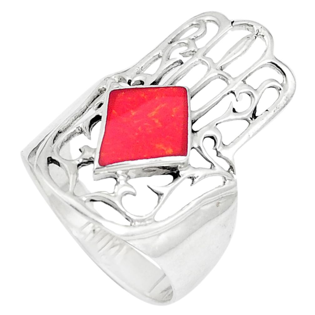 925 silver 4.47gms red coral enamel hand of god hamsa ring size 8 a93331