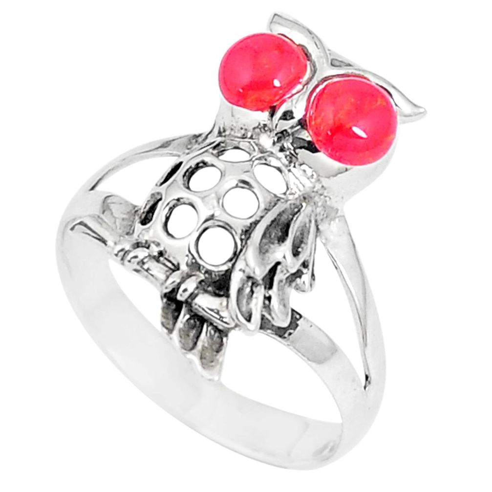 925 sterling silver 1.34cts red coral round owl ring jewelry size 7 a93339