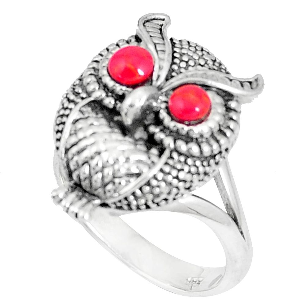925 sterling silver 1.60cts red coral round owl ring jewelry size 8 a93344