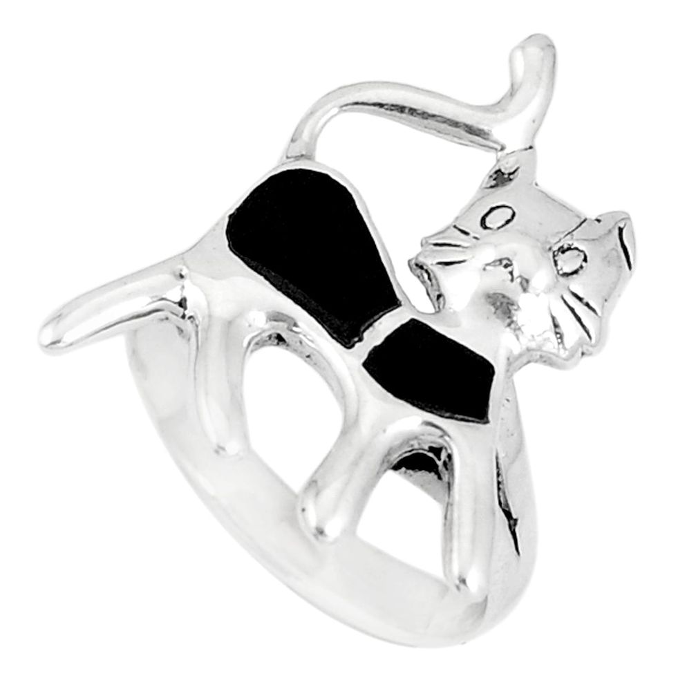 4.02gms black onyx enamel 925 sterling silver cat charm ring size 6.5 a93354