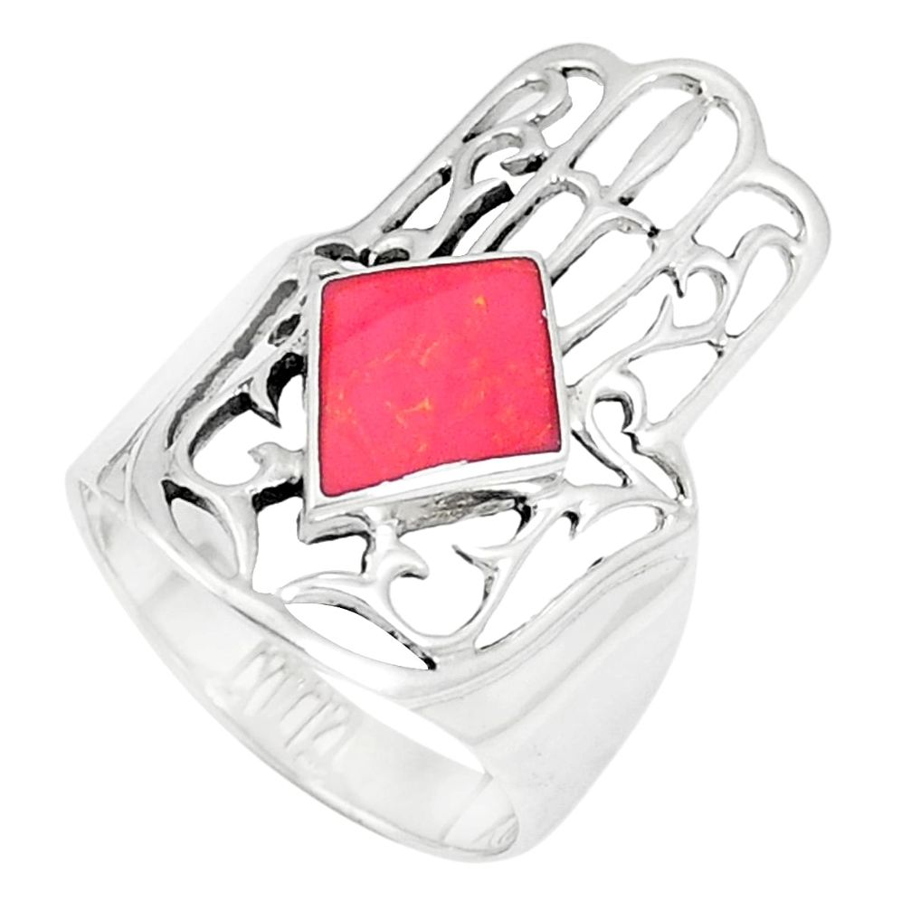4.47gms red coral enamel 925 silver hand of god hamsa ring size 7 a93356