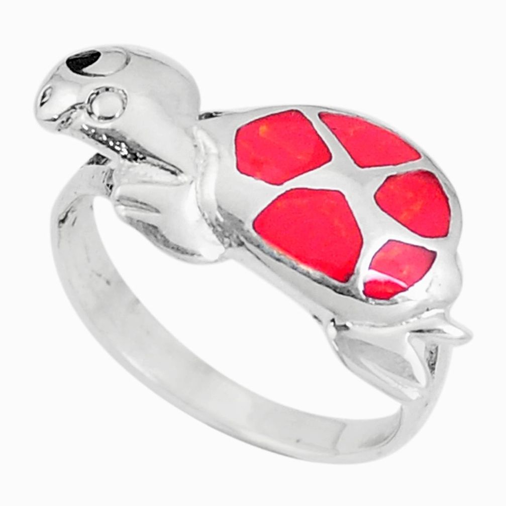 3.02gms red coral onyx enamel 925 sterling silver tortoise ring size 7 a93368