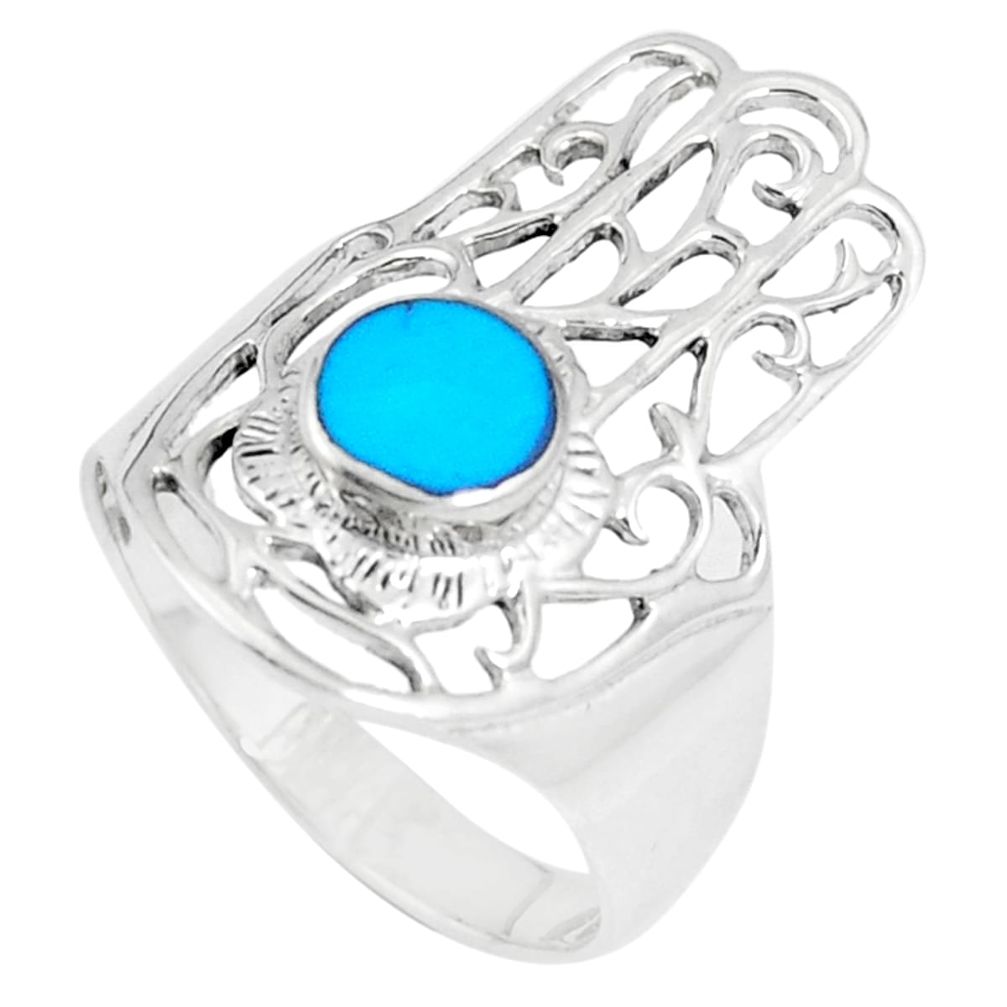 4.48gms fine blue turquoise 925 silver hand of god hamsa ring size 8.5 a93372