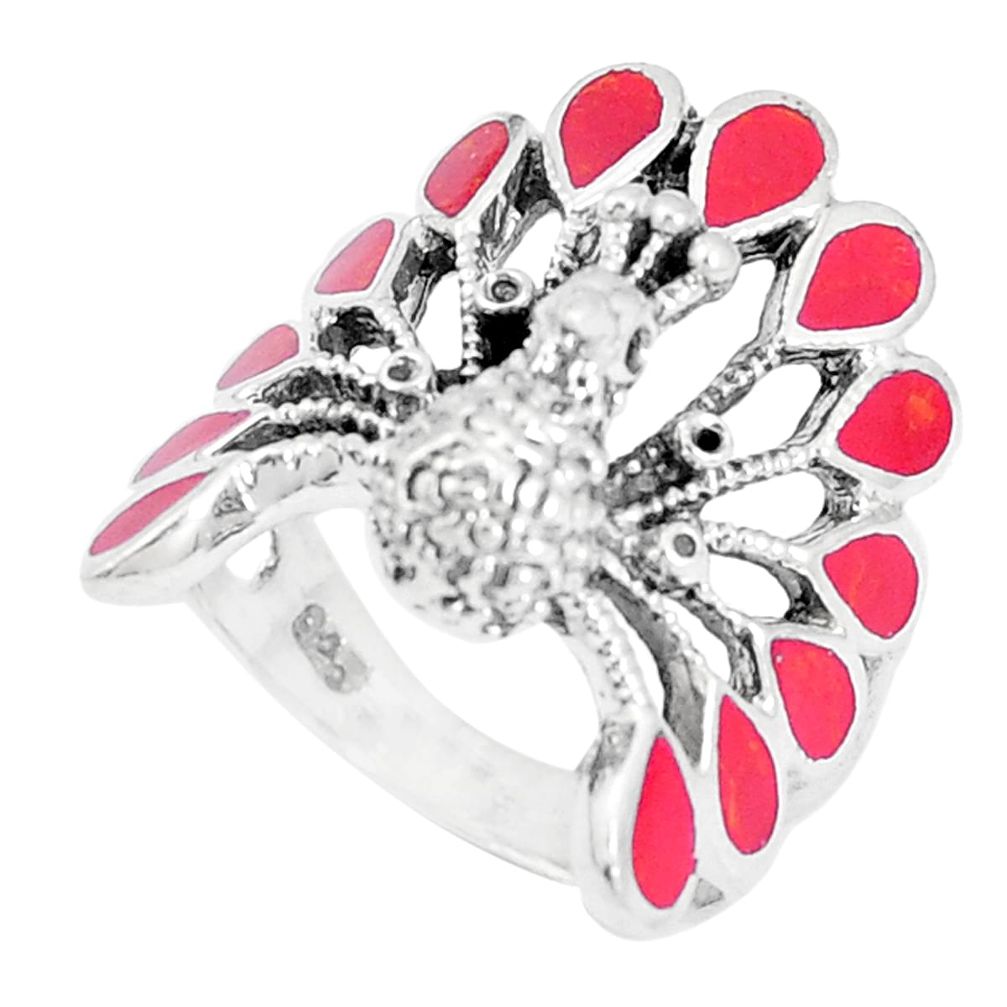 6.48gms red coral enamel 925 sterling silver peacock ring size 6.5 a93377