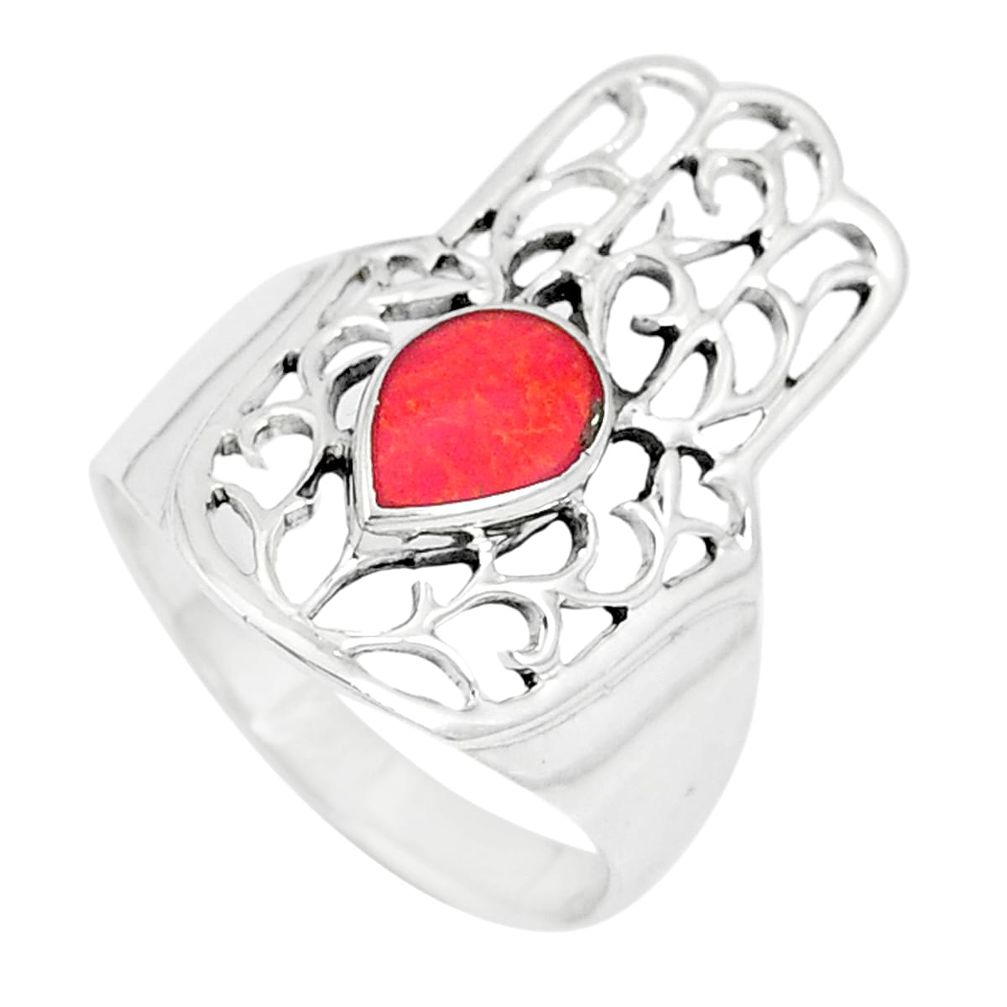 4.69gms red coral enamel 925 silver hand of god hamsa ring size 9 a93380