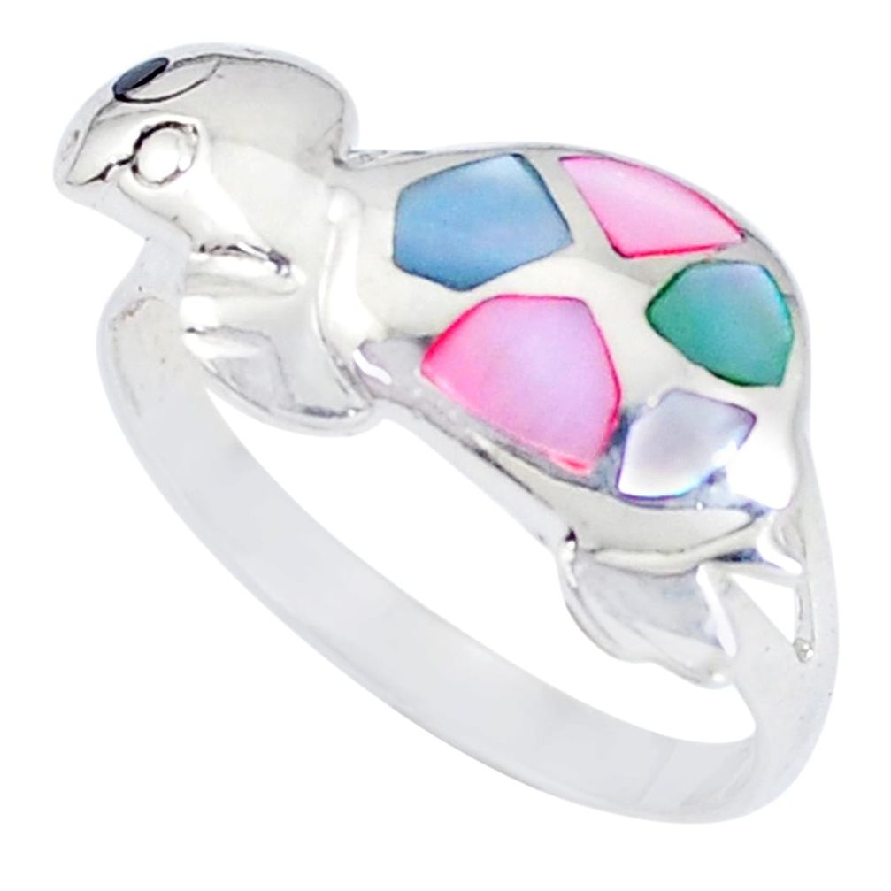 Multi color blister pearl onyx enamel 925 silver tortoise ring size 9 a93398