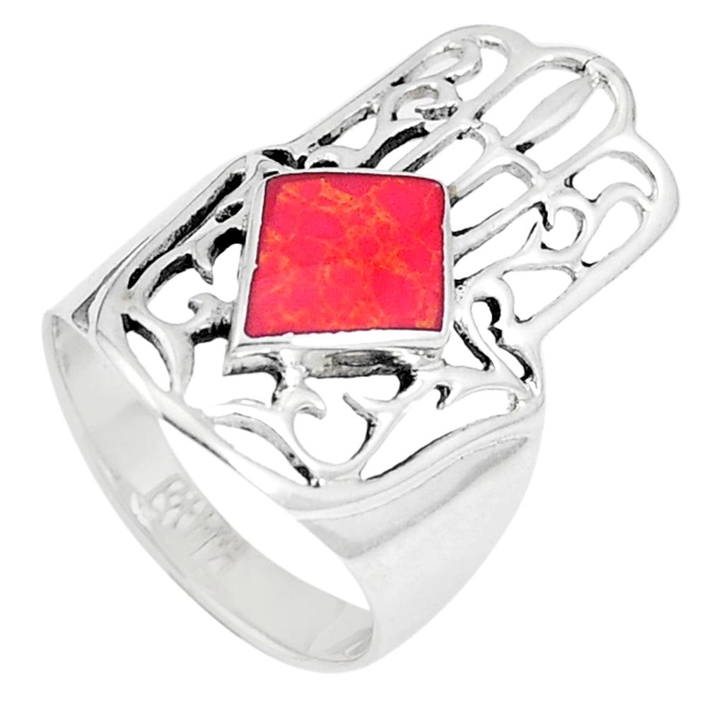 4.82gms red coral enamel 925 sterling silver ring jewelry size 7 a93415