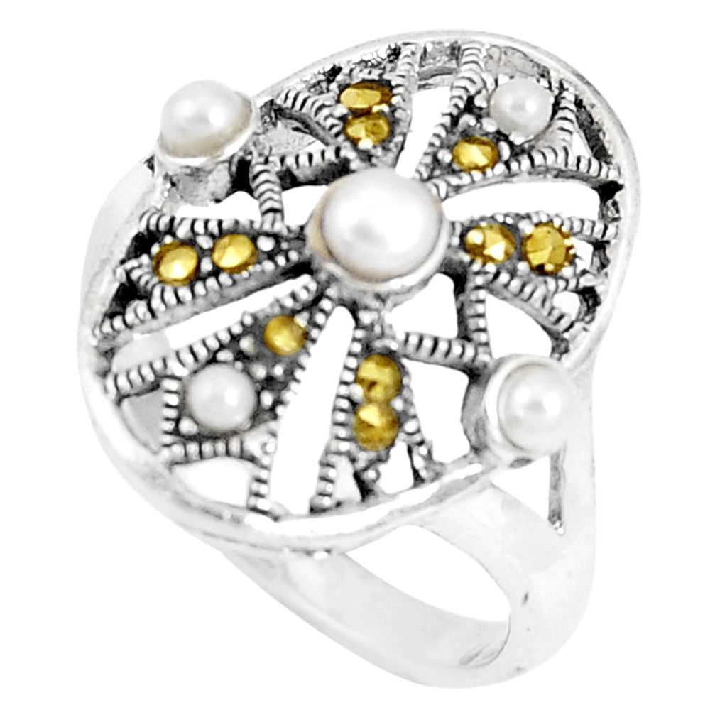 2.51cts natural white pearl marcasite 925 sterling silver ring size 7.5 a93573