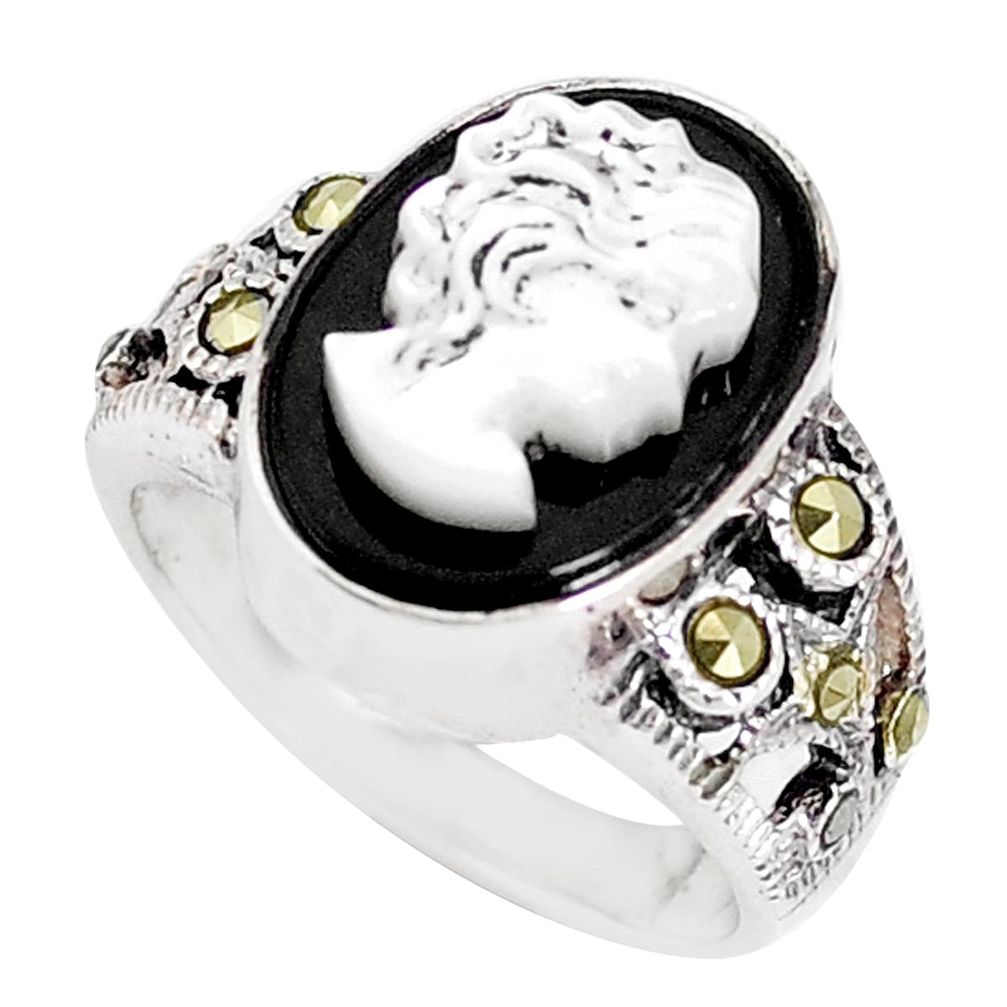 925 silver 6.58cts natural black onyx pearl lady face ring jewelry size 6 a93604