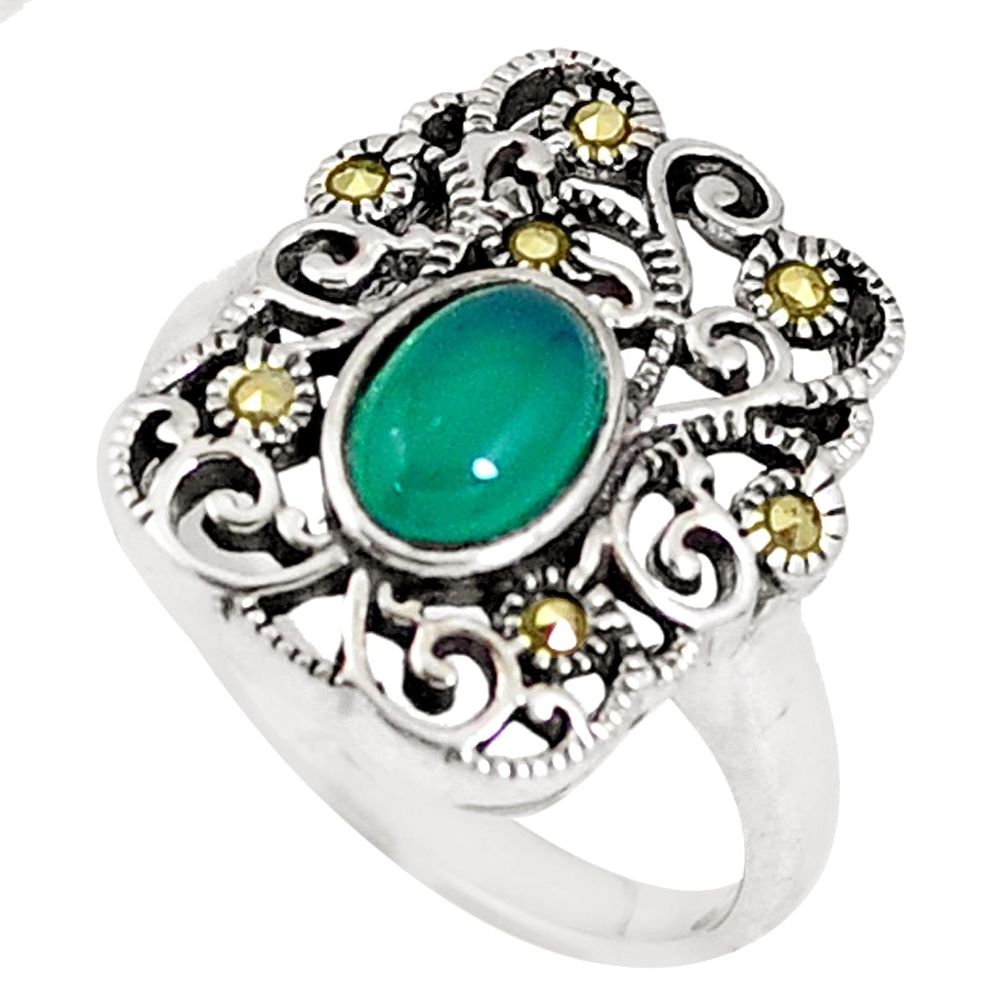 925 silver 2.01cts natural green chalcedony marcasite ring size 6.5 a93608