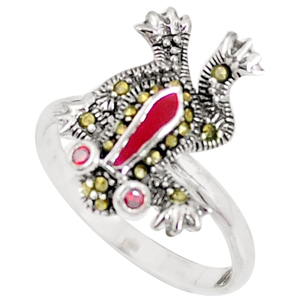 0.35cts natural red garnet marcasite enamel 925 silver frog ring size 7 a93632