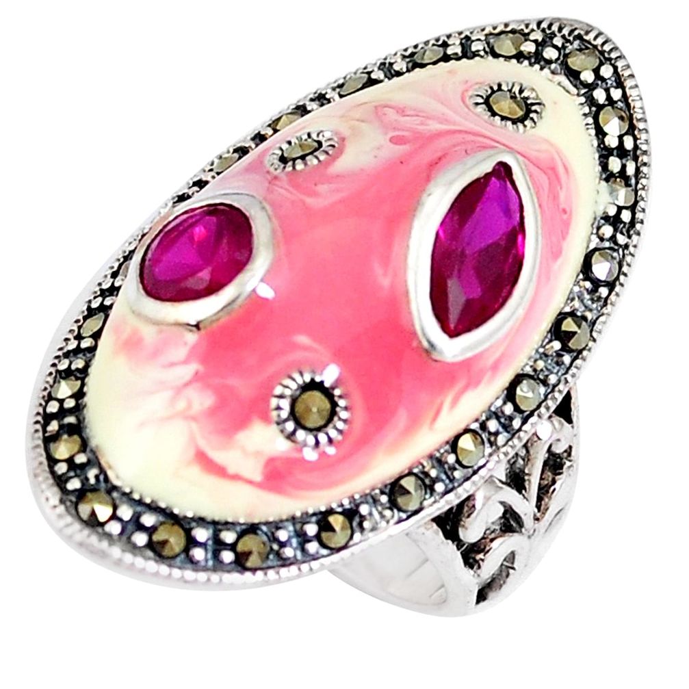 2.99cts natural red garnet marcasite enamel 925 silver ring size 6 a93650